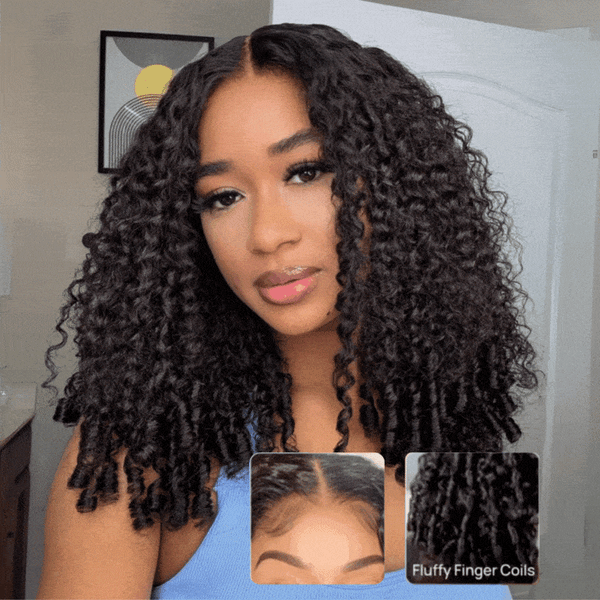 Klaiyi 13×4 Pre Everything Curly Hair with Finger Coil Ends Put on and Go Glueless Human Hair Wig
