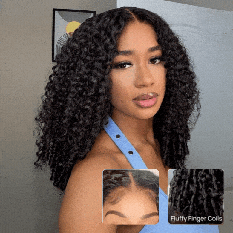 Klaiyi 13×4 Pre Everything Curly Hair with Finger Coil Ends Put on and Go Glueless Human Hair Wig