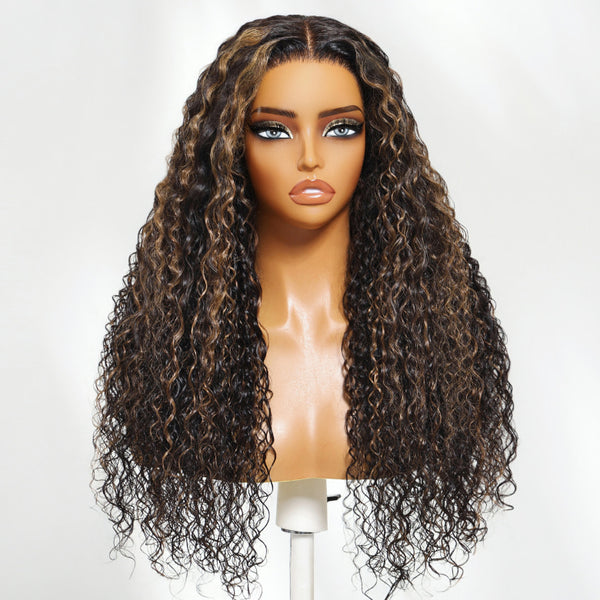 Klaiyi 13×4 Golden Brown Highlight Water curly hair Pre Everything  Lace Wig With Invisible Drawstring