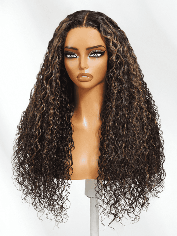 Klaiyi 13×4 Golden Brown Highlight Water curly hair Pre Everything  Lace Wig With Invisible Drawstring