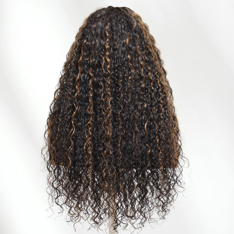 Klaiyi 13×4 Golden Brown Highlight Water curly hair Pre Everything  Lace Wig With Invisible Drawstring