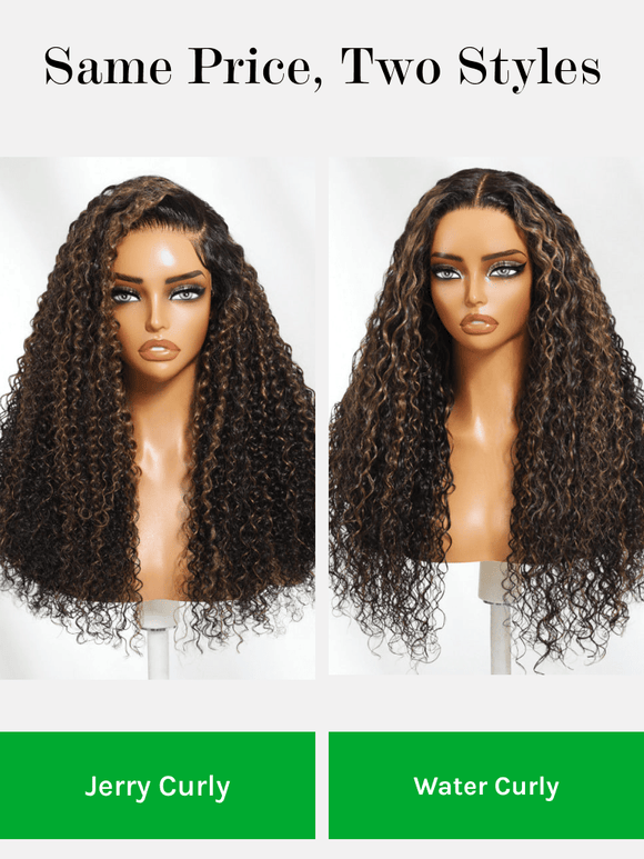 Klaiyi 13×4 Golden Brown Highlight Water curly hair Pre Everything  Lace Wig With Invisible Drawstring