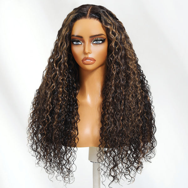 Klaiyi 13×4 Golden Brown Highlight Water curly hair Pre Everything  Lace Wig With Invisible Drawstring