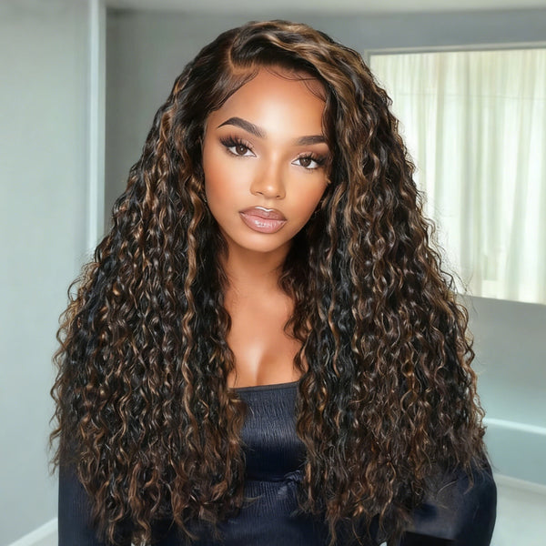 Klaiyi 13×4 Golden Brown Highlight Water curly hair Pre Everything  Lace Wig With Invisible Drawstring