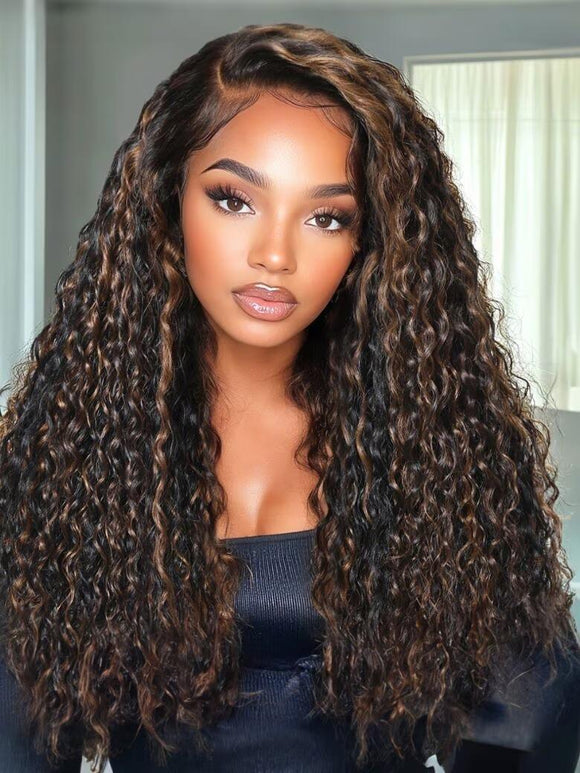 Klaiyi 13×4 Golden Brown Highlight Water curly hair Pre Everything  Lace Wig With Invisible Drawstring