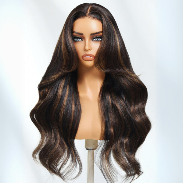 Klaiyi Yaki Loose Wave Rich Brown Highlights Lace  13x4 Lace  Wig With Invisible Drawstring