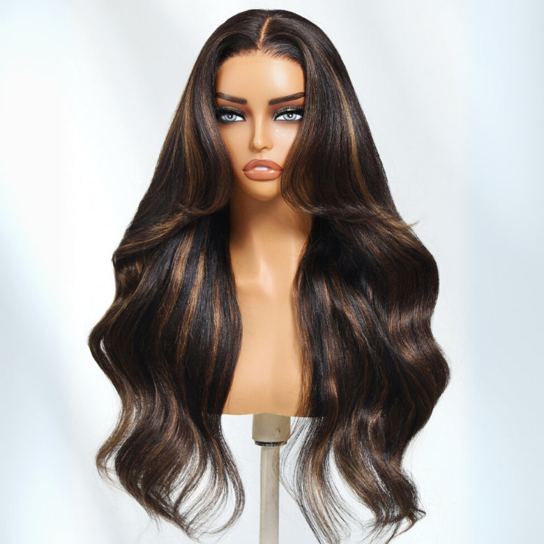 Klaiyi Yaki Loose Wave Rich Brown Highlights Lace  13x4 Lace  Wig With Invisible Drawstring