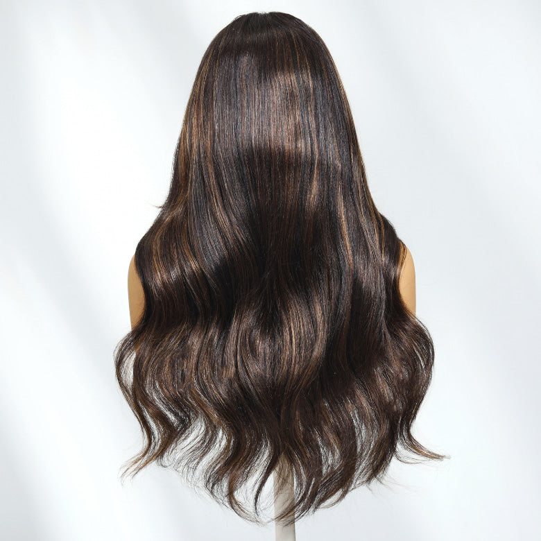 Klaiyi Yaki Loose Wave Rich Brown Highlights Lace  13x4 Lace  Wig With Invisible Drawstring