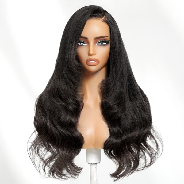 Klaiyi 13x4 Yaki Straight Blowout Texture Layered Body Wave Ends Wig Pre-Everything Lace Frontal Human Hair Wig