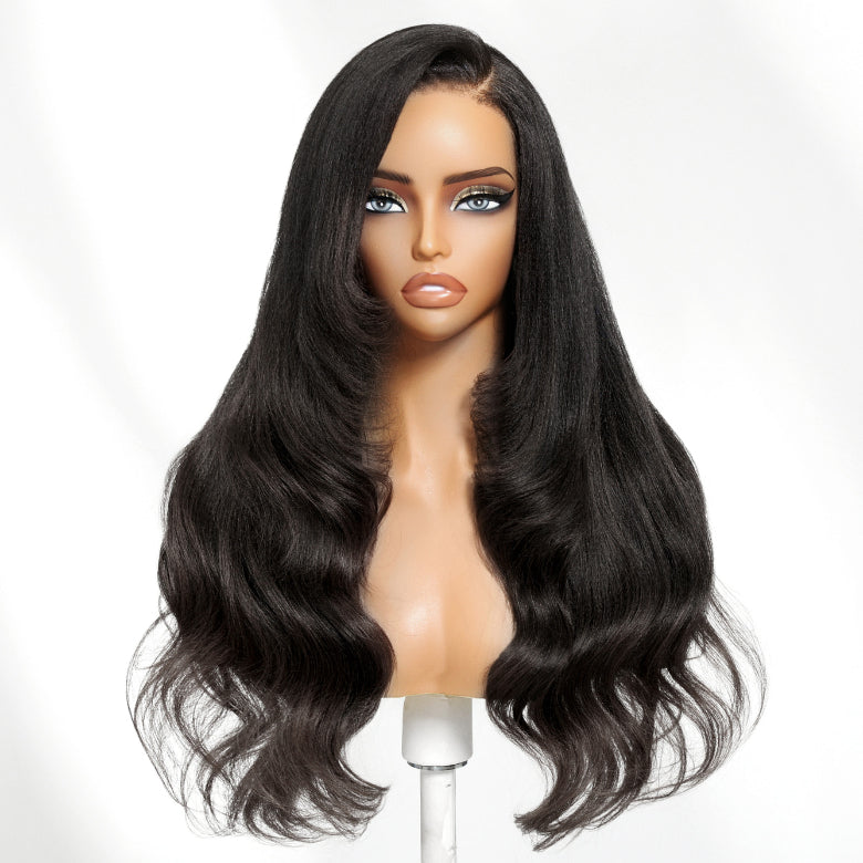 Klaiyi 13x4 Yaki Straight Blowout Texture Layered Body Wave Ends Wig Pre-Everything Lace Frontal Human Hair Wig