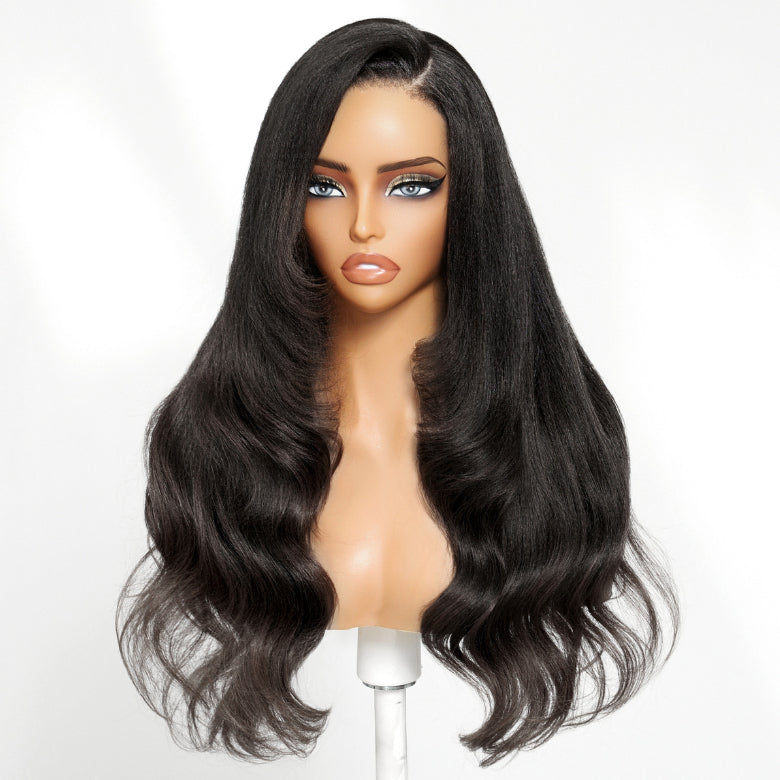 Klaiyi 13x4 Yaki Straight Blowout Texture Layered Body Wave Ends Wig Pre-Everything Lace Frontal Human Hair Wig