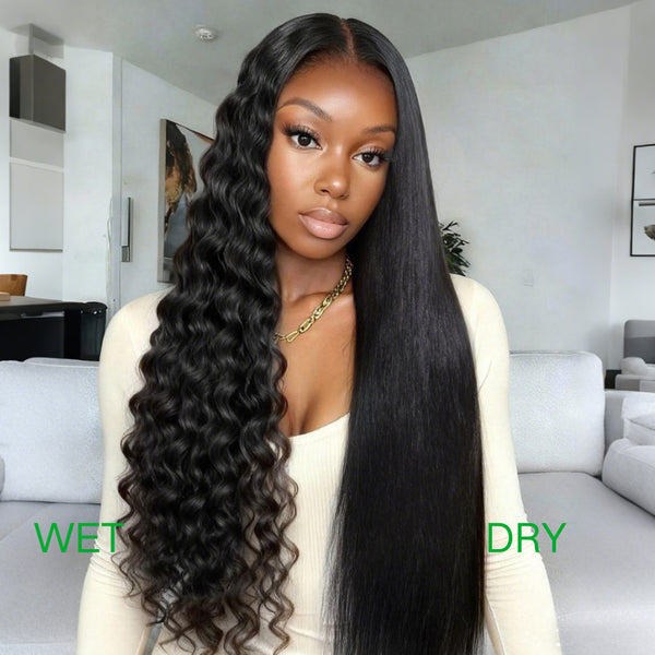 Klaiyi Wet&Wavy 2 in 1 Straight to Water Wave Dream Curls Wig 13x4 Put On And Go with Invisi Drawstring Human Hair