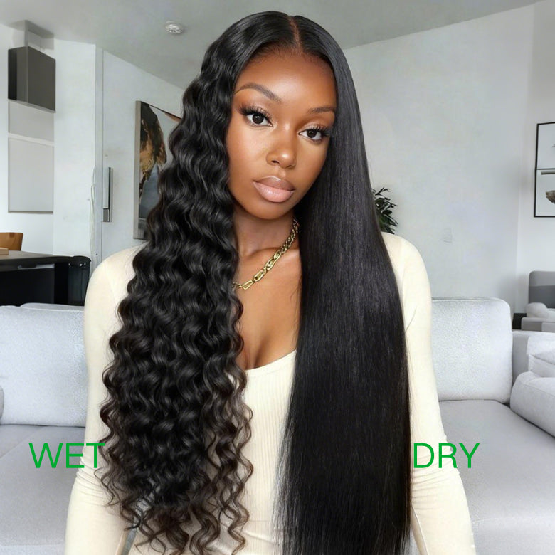 Klaiyi Wet&Wavy 2 in 1 Straight to Water Wave Dream Curls Wig 13x4 Put On And Go with Invisi Drawstring Human Hair