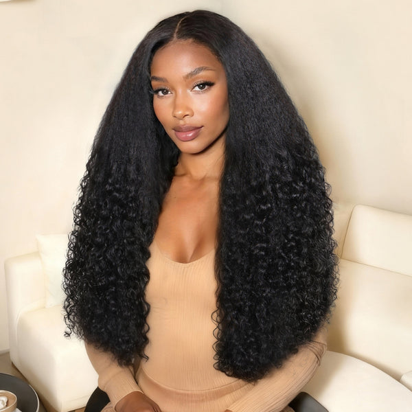 Klaiyi 13x4 Natural Black Kinky Straight Roots with Burmese Curly Ends Put On And Go Glueless Human Hair Wig with Invisi Drawstring