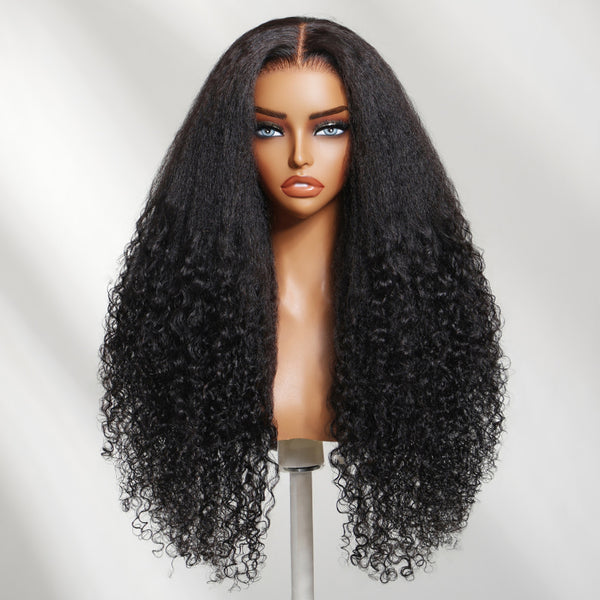 Klaiyi 13x4 Natural Black Kinky Straight Roots with Burmese Curly Ends Put On And Go Glueless Human Hair Wig with Invisi Drawstring