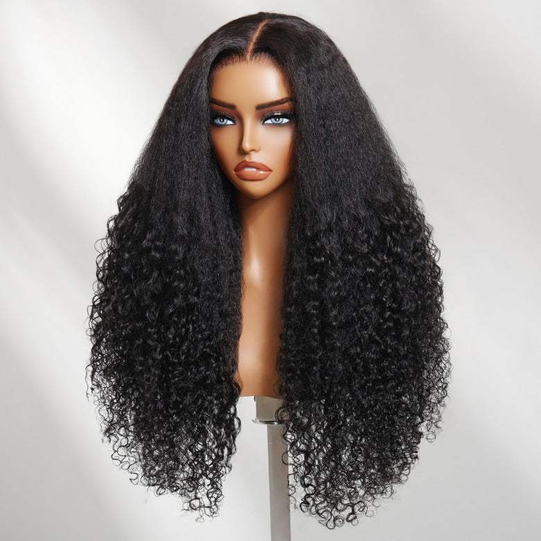 Klaiyi 13x4 Natural Black Kinky Straight Roots with Burmese Curly Ends Put On And Go Glueless Human Hair Wig with Invisi Drawstring