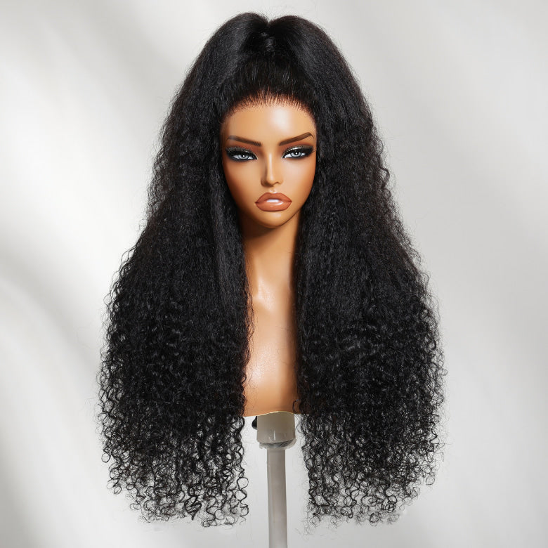 Klaiyi 13x4 Natural Black Kinky Straight Roots with Burmese Curly Ends Put On And Go Glueless Human Hair Wig with Invisi Drawstring