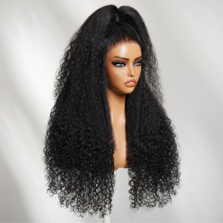 Klaiyi 13x4 Natural Black Kinky Straight Roots with Burmese Curly Ends Put On And Go Glueless Human Hair Wig with Invisi Drawstring