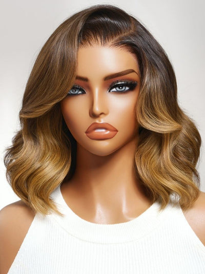 Klaiyi Balayage Brown French Bob Wig Shoulder-Length Loose Curls 13x4 Pre-Everything Glueless Lace with Invisi Drawstring