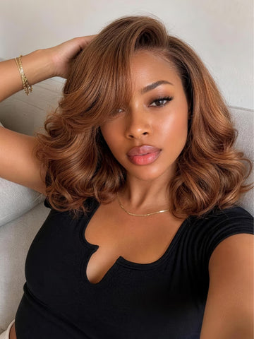 Flash Sale Klaiyi 13x4 Pre-Everything Lace Frontal Wig Ginger Brown Vintage Layered Blow-out Bob Human Hair Wig