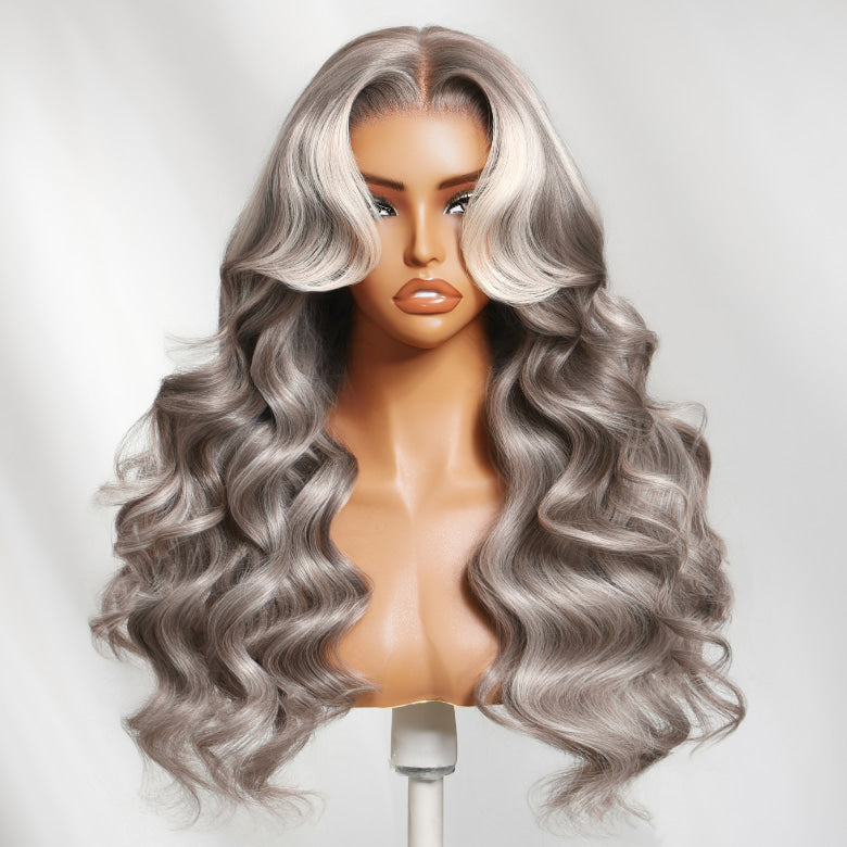 Klaiyi 13x4 Pre-Everything™ Silver Platinum Blonde Highlight Wig With Face-Framing Layer Bangs Glueless Human Hair Wig