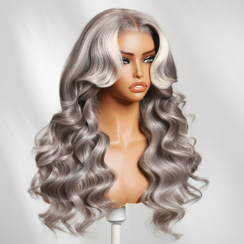Klaiyi 13x4 Pre-Everything™ Silver Platinum Blonde Highlight Wig With Face-Framing Layer Bangs Glueless Human Hair Wig