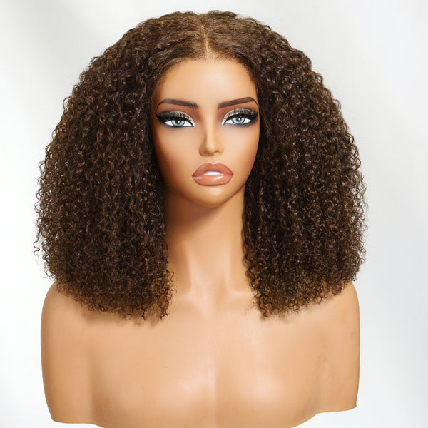 Klaiyi 13x4 Afro Kinky Curly Chocolate Brown 180% Density With Invisi Drawstring Put On and Go Glueless Human Hair Wig