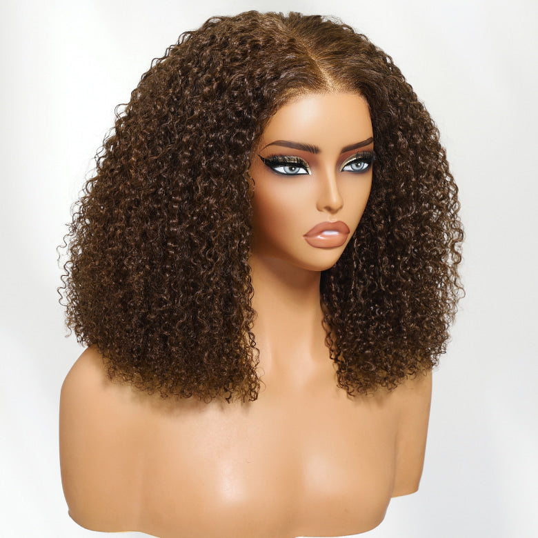 Klaiyi 13x4 Afro Kinky Curly Chocolate Brown 180% Density With Invisi Drawstring Put On and Go Glueless Human Hair Wig