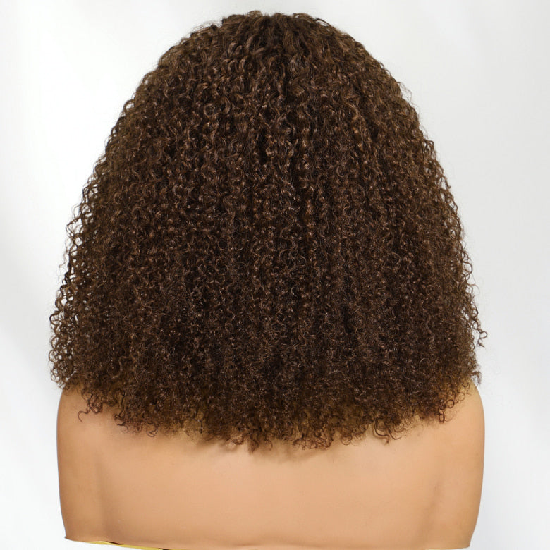 Klaiyi 13x4 Afro Kinky Curly Chocolate Brown 180% Density With Invisi Drawstring Put On and Go Glueless Human Hair Wig