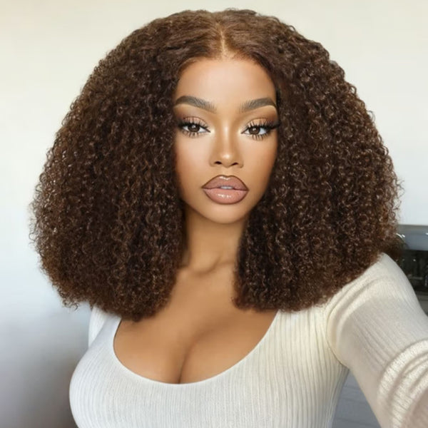 Klaiyi 13x4 Afro Kinky Curly Chocolate Brown 180% Density With Invisi Drawstring Put On and Go Glueless Human Hair Wig