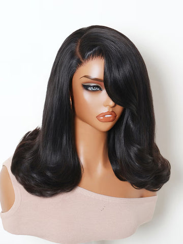 Klaiyi 6x4 Glueless Lace Bob Wig Salon Blowout with Flipped Ends & Side-Swept Bangs Human Hair Wig