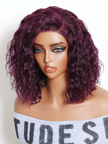 Klaiyi 6x4 Gluless Lace Wig C Side Part Black Cherry Water Wave Short Bob Human Hair Wig