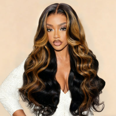 Klaiyi Black with Caramel Blonde Highlights Body Wave Wig 7x5 Bye-Bye Knots Put on and Go Glueless Wig