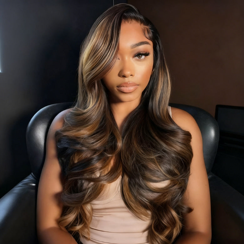 Klaiyi Black with Caramel Blonde Highlights Body Wave Wig 7x5 Bye-Bye Knots Put on and Go Glueless Wig