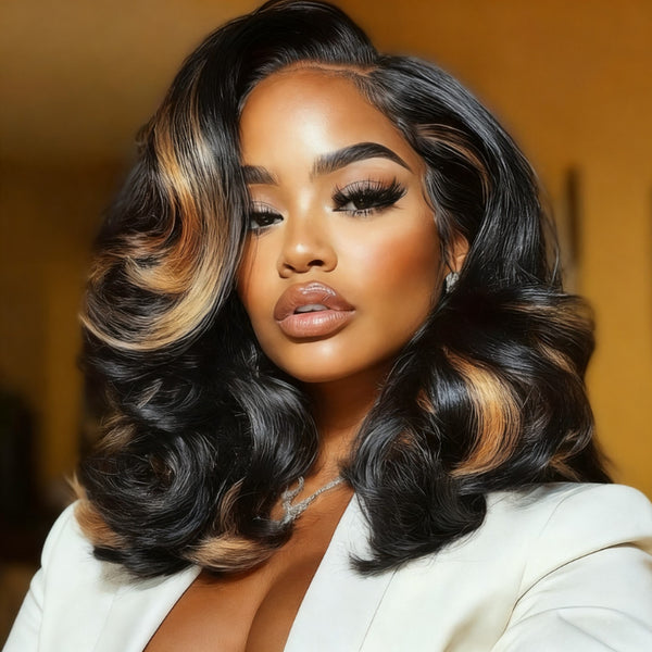 Klaiyi Black with Caramel Blonde Highlights Body Wave Wig 7x5 Bye-Bye Knots Put on and Go Glueless Wig