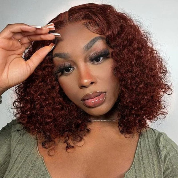 Fast Shipping| Klaiyi Summer Short Curly Bob 7x5 Bye-Bye Knots Lace Wig Side Part Reddish Brown Wig  Flash Sale