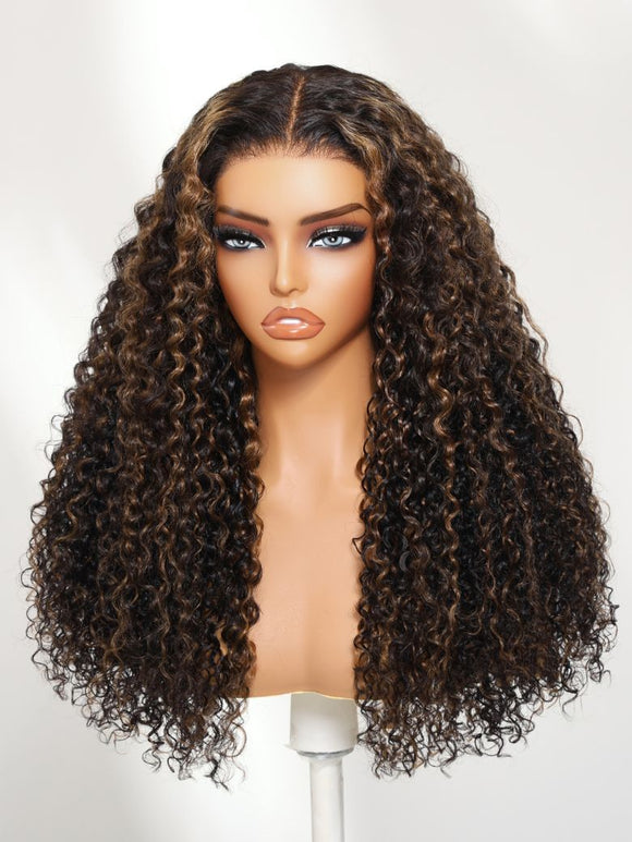 Klaiyi 13×4 Golden Brown Highlight Water curly hair Pre Everything  Lace Wig With Invisible Drawstring