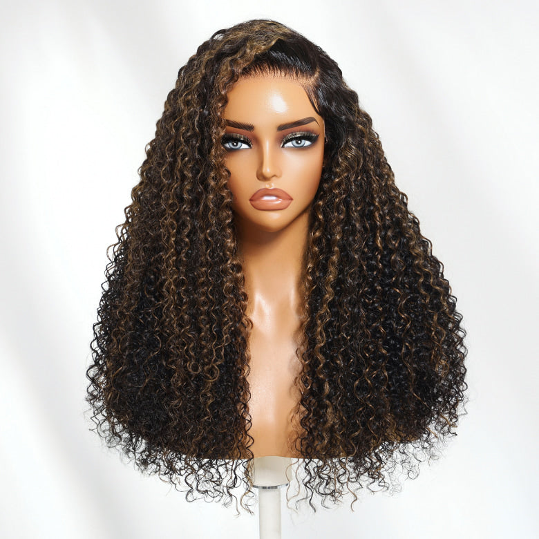 Klaiyi 13×4 Golden Brown Highlight Water curly hair Pre Everything  Lace Wig With Invisible Drawstring