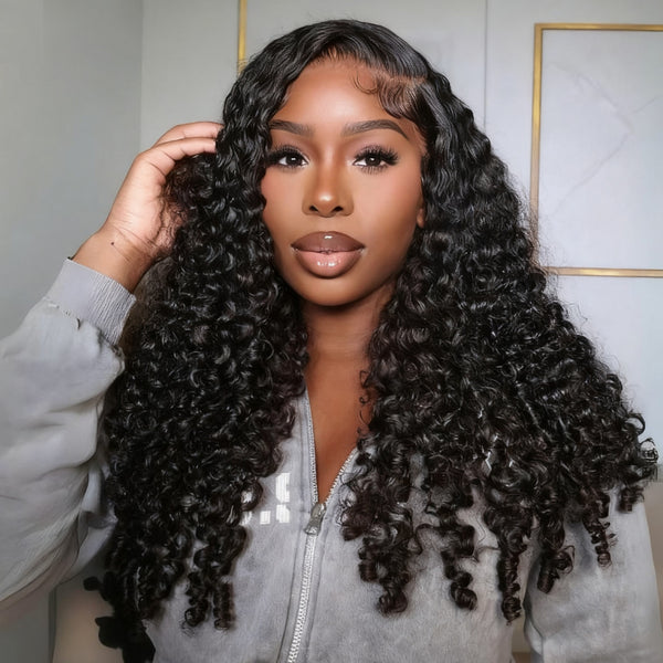 Klaiyi 7x5 Bye Bye Knots Lace Closure Mixed Curls Deep Wave and Jerry Curly Fluffy Wig Defined Curls Glueless Wig with Invisi-Drawstring