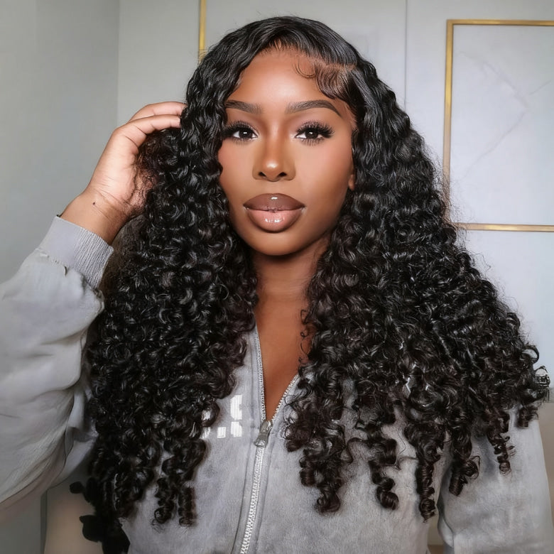 Klaiyi 7x5 Bye Bye Knots Lace Closure Mixed Curls Deep Wave and Jerry Curly Fluffy Wig Defined Curls Glueless Wig with Invisi-Drawstring