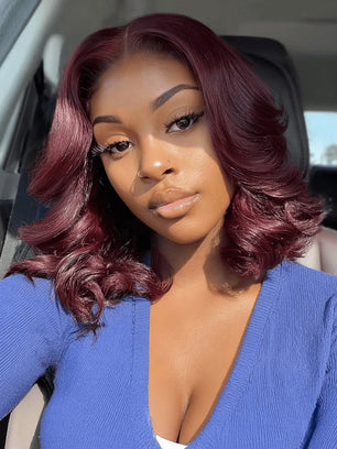 Klaiyi Black Cherry 7x5 Bye Bye Knots Blow Out Bob Wig Glueless with Curtain Bangs Natural Volume Style
