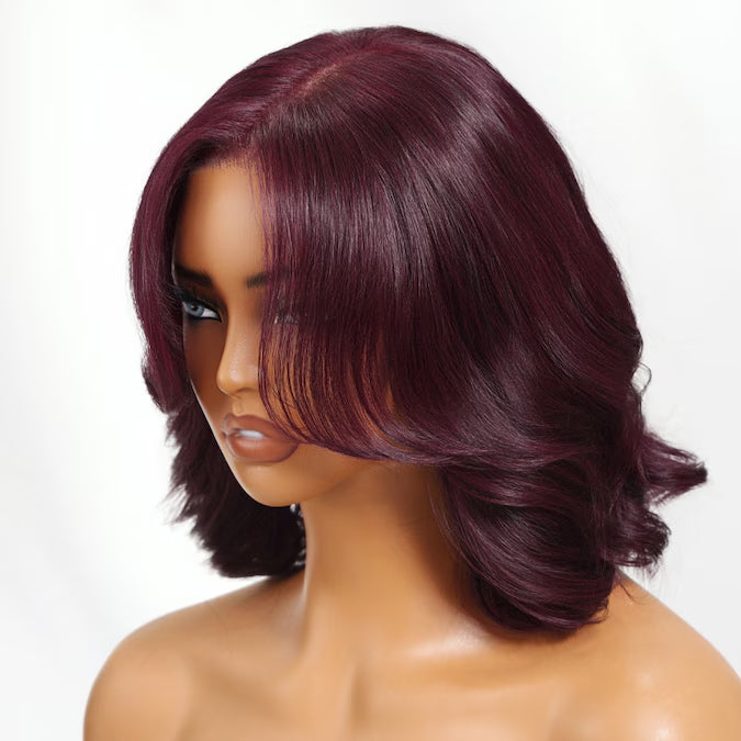 Klaiyi Black Cherry 7x5 Bye Bye Knots Blow Out Bob Wig Glueless with Curtain Bangs Natural Volume Style
