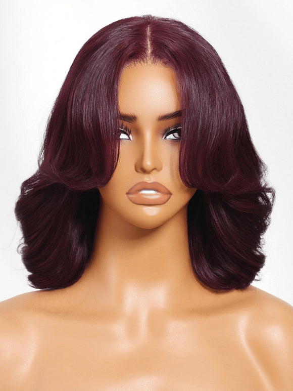 Perruque Klaiyi Black Cherry 7x5 Bye Bye Knots Blow Out Bob sans colle avec frange rideau, volume naturel 