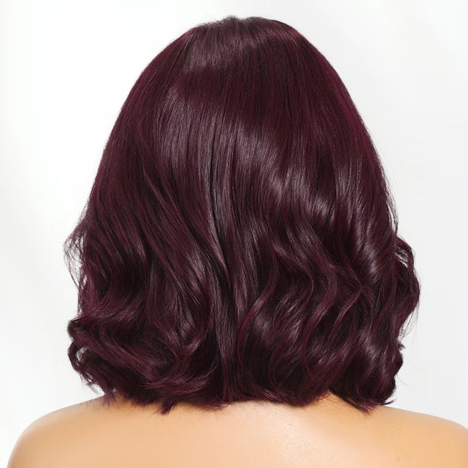Klaiyi Black Cherry 7x5 Bye Bye Knots Blow Out Bob Wig Glueless with Curtain Bangs Natural Volume Style