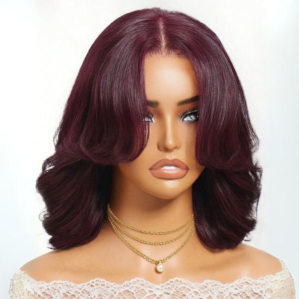 Klaiyi Black Cherry 7x5 Bye Bye Knots Blow Out Bob Wig Glueless with Curtain Bangs Natural Volume Style