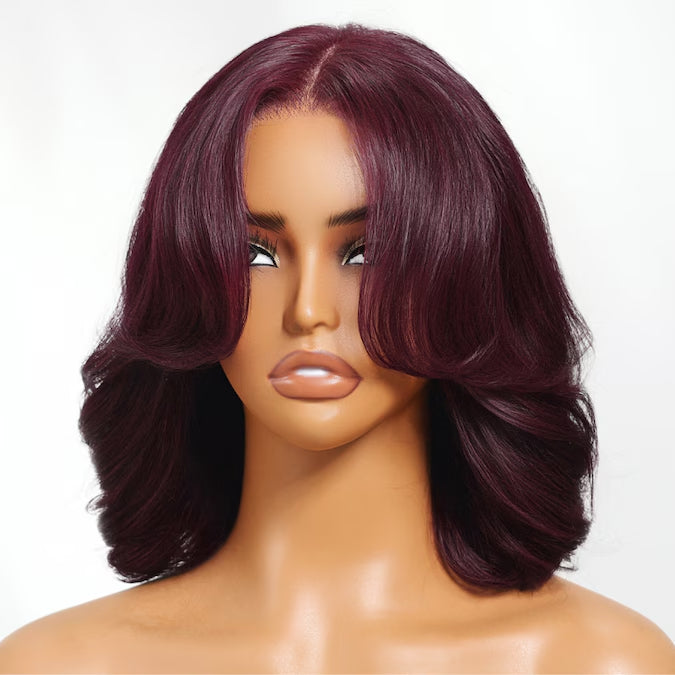 Klaiyi Black Cherry 7x5 Bye Bye Knots Blow Out Bob Wig Glueless with Curtain Bangs Natural Volume Style
