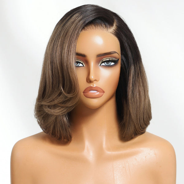 Klaiyi 7×5 Ash Milk Tea Brown with Dark Roots Blunt Cut Soft Balayage Bob Glueless Lace Wig with Invisible Drawstring