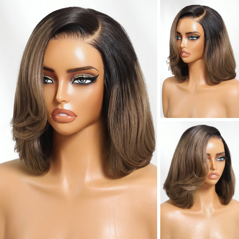 Klaiyi 7×5 Ash Milk Tea Brown with Dark Roots Blunt Cut Soft Balayage Bob Glueless Lace Wig with Invisible Drawstring