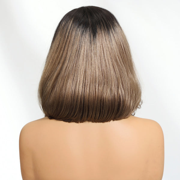 Klaiyi 7×5 Ash Milk Tea Brown with Dark Roots Blunt Cut Soft Balayage Bob Glueless Lace Wig with Invisible Drawstring