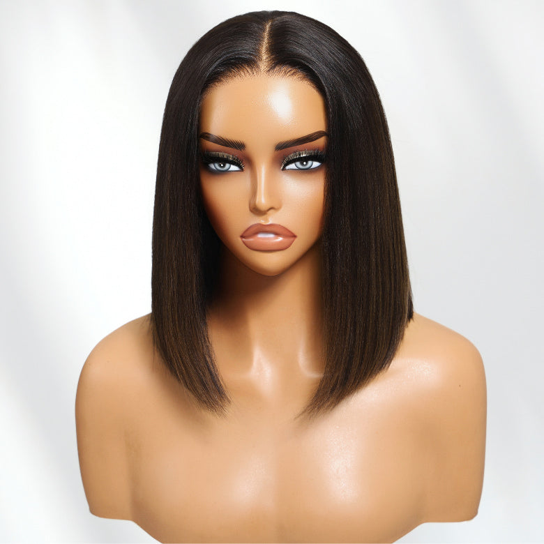 Klaiyi 7x5 Natural Black with Brown Highlights Yaki Straight Short Bob Bye Bye Knots Human Hair with Invisi Drawstring